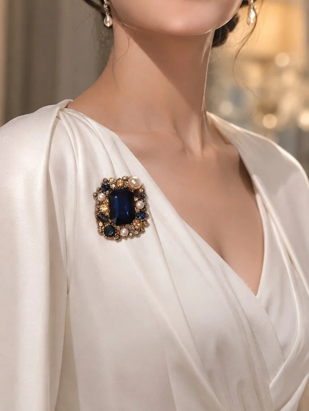 Navy Blue and Gold Crystal Pearl Cluster Brooch